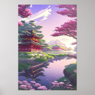 Serene Beauty, Japanischer Tempel am Calm River Poster