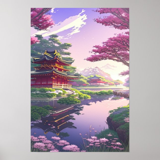 Serene Beauty, Japanischer Tempel am Calm River Poster (Vorne)