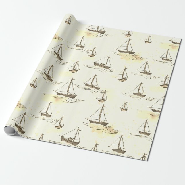 Serene Beige Segelboote auf Sea Pattern Geschenkpapier (Ungerollt)