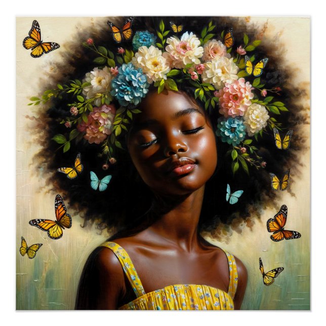 Serene Black Girl mit Afro und Blumenkrone Poster (Vorderseite)