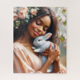 Serene Black Woman With Rabbit Floral Art Puzzle