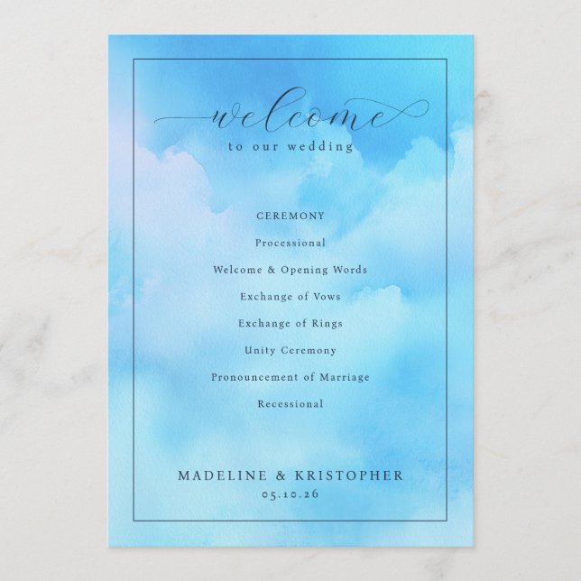 Serene Blaue Aquarell-Hochzeitszeremonie Programm (Vorderseite)