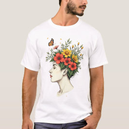 Serene Bloom - Floral Head Woman with Butterfly T-Shirt