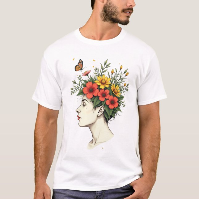 Serene Bloom - Floral Head Woman with Butterfly T-Shirt (Vorderseite)