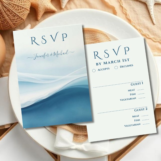 Serene Blue Abstract Beach Wedding Meal options RSVP Karte (Serene Blue Abstract Beach Wedding Meal options RSVP Card )