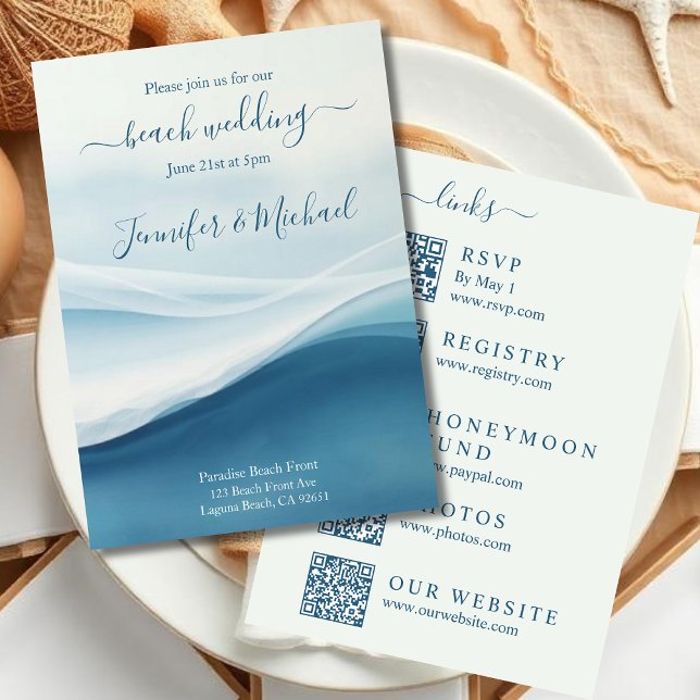 Serene Blue Beach Wedding-All In One Einladung (Serene Blue Abstract Beach Wedding Invitation All In One)