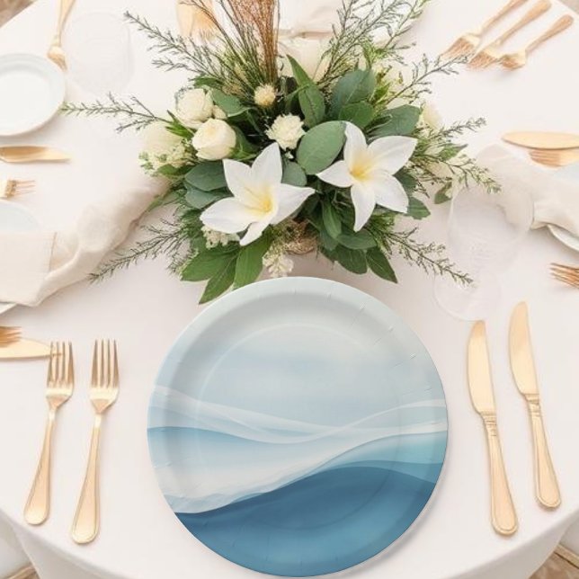 Serene Blue Beach Wedding Pappteller (Serene Blue Abstract Wedding Paper Plates)