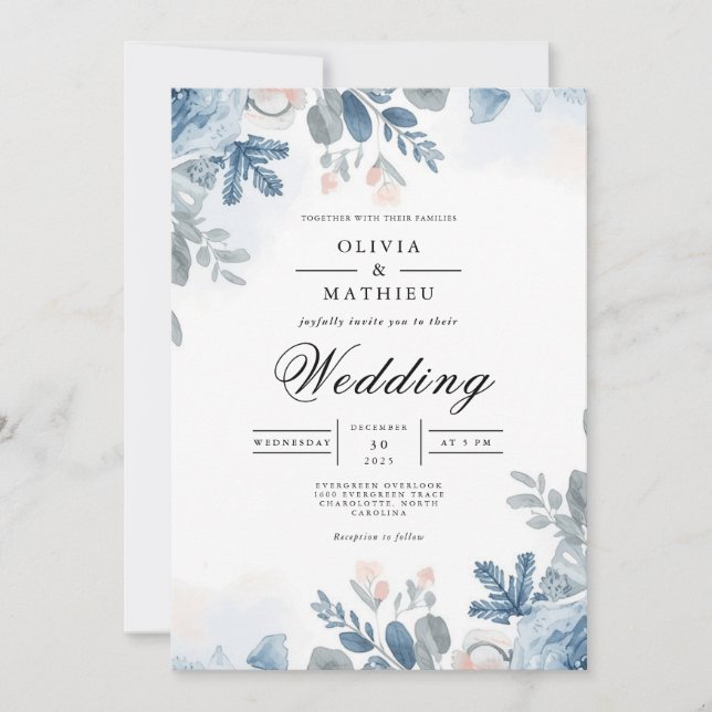 Serene Blue Botanical Arch Wedding Einladung (Vorderseite)