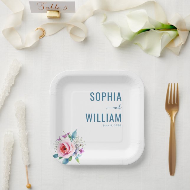 Serene Blue Floral Elegancy Pappteller (Hochzeit)