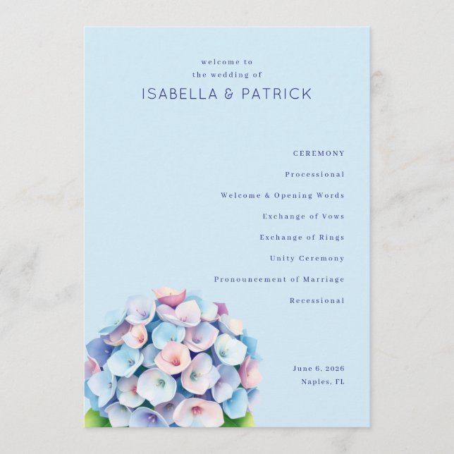 Serene Blue Floral Wedding Ceremony Programm (Vorderseite)
