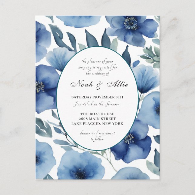 Serene Blue Floral Wedding Einladungen (Vorderseite)