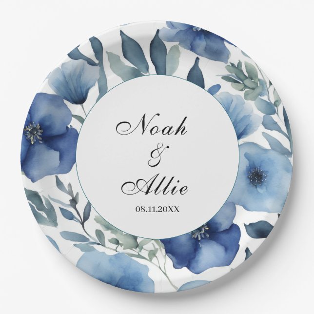 Serene Blue Floral Wedding Pappteller (Vorderseite)
