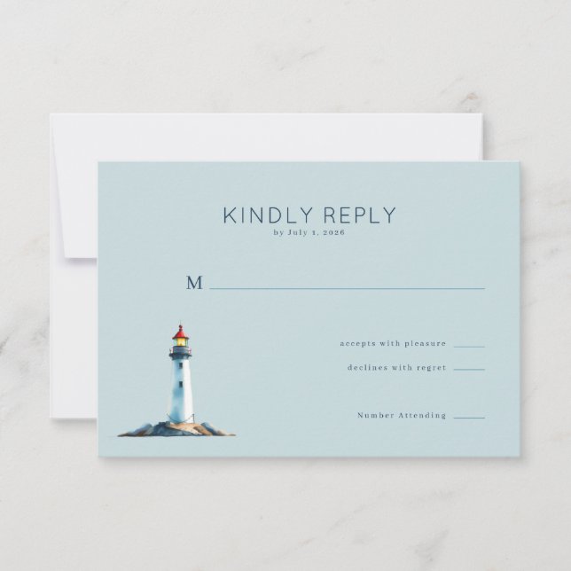Serene Blue Lighthouse RSVP Karte (Vorderseite)