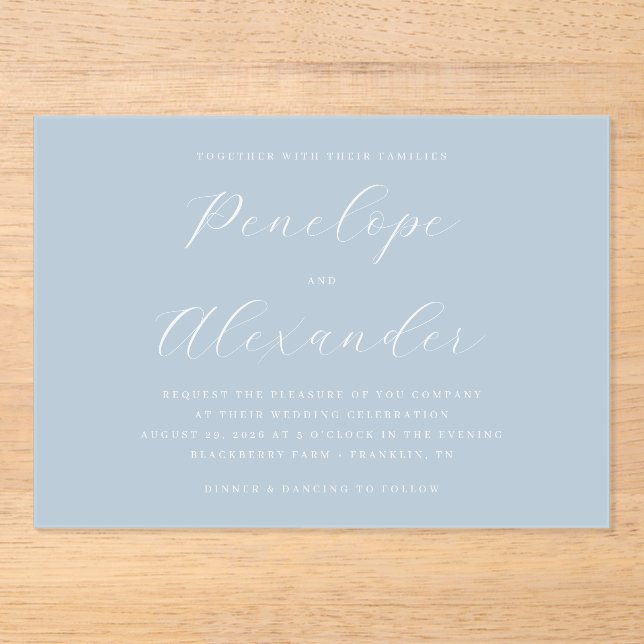 Serene Blue Minimalist Wedding Invitation Acryleinladungen (Vorderseite)