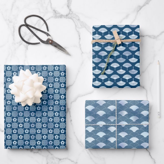 Serene Blue Motifs: Ventilatoren, Waves & geometri Geschenkpapier Set (Vorderseite)
