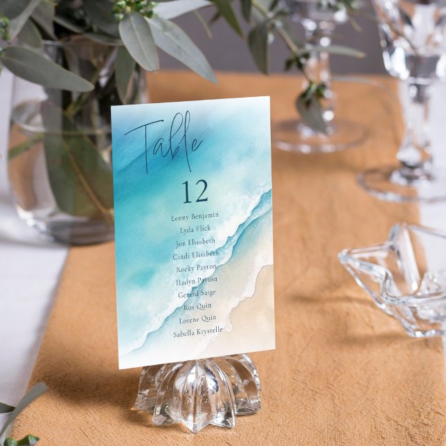 Serene Blue Ocean Beach Table Seekarten Einladung (Enchanting Blue Ocean and White Sand Beach table seating charts.)