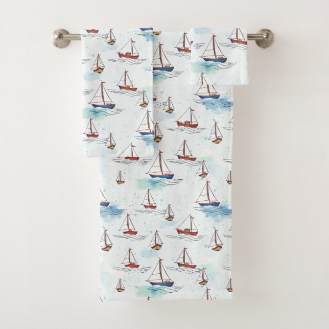 Serene Blue Red Sailing Boote auf Sea Pattern Badhandtuch Set (Insitu)