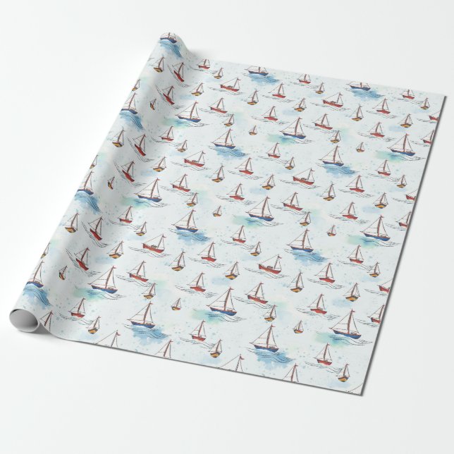 Serene Blue Red Sailing Boote auf Sea Pattern Geschenkpapier (Ungerollt)