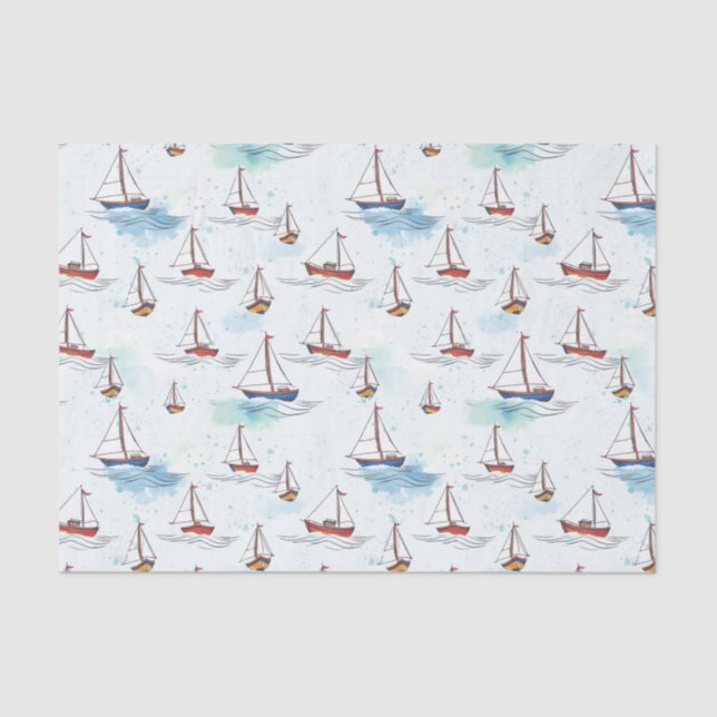 Serene Blue Red Sailing Boote auf Sea Pattern Seidenpapier (Vorderseite)