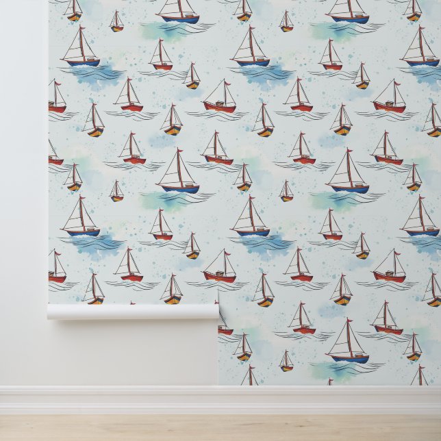 Serene Blue Red Sailing Boote auf Sea Pattern Tapete (Anwendung)