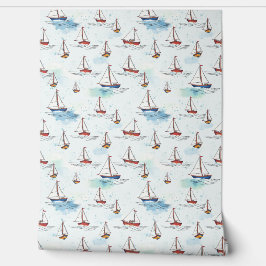 Serene Blue Red Sailing Boote auf Sea Pattern Tapete