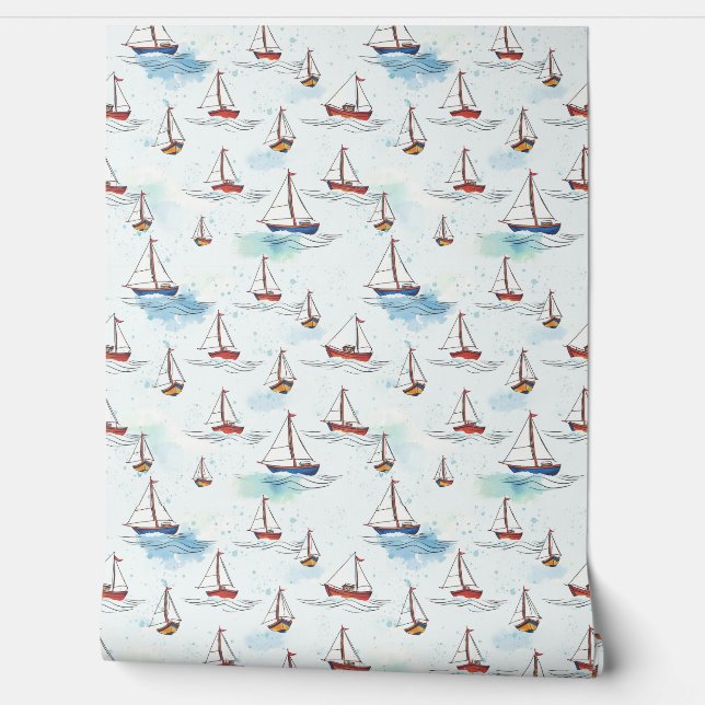 Serene Blue Red Sailing Boote auf Sea Pattern Tapete (Abrollen)
