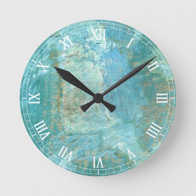 Serene Blue und Green Abstrakt Painting Runde Wanduhr (Vorderseite)