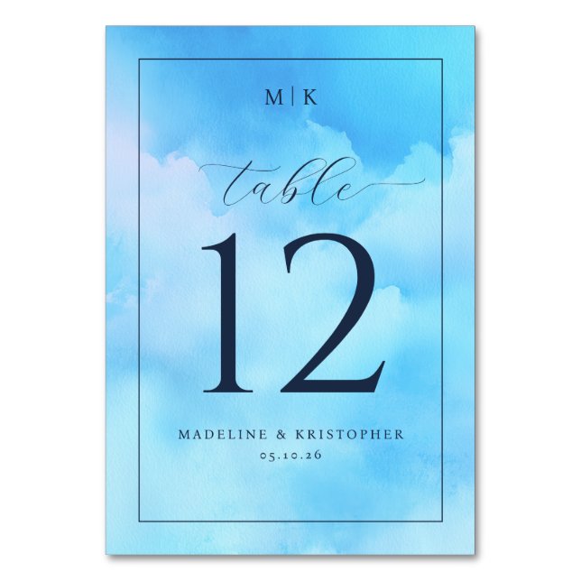 Serene Blue Watercolor Table Number Tischnummer (Vorderseite)