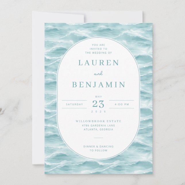 Serene Blue Wave Wedding Invitation Einladung (Vorderseite)