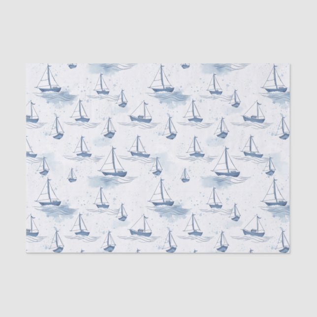 Serene Blue White Sailing Boote auf Sea Pattern Seidenpapier (Vorderseite)