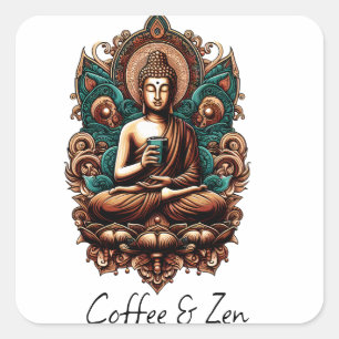 Serene Buddha, Coffee & Zen Skulpturenstatue Quadratischer Aufkleber