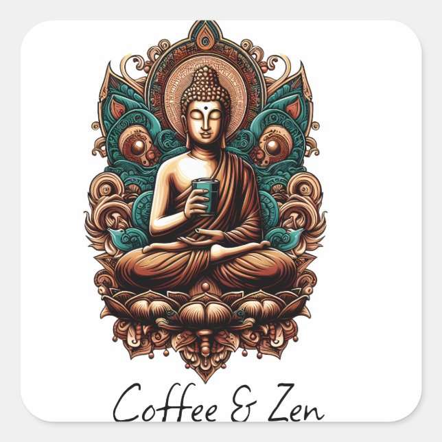 Serene Buddha, Coffee & Zen Skulpturenstatue Quadratischer Aufkleber (Vorderseite)