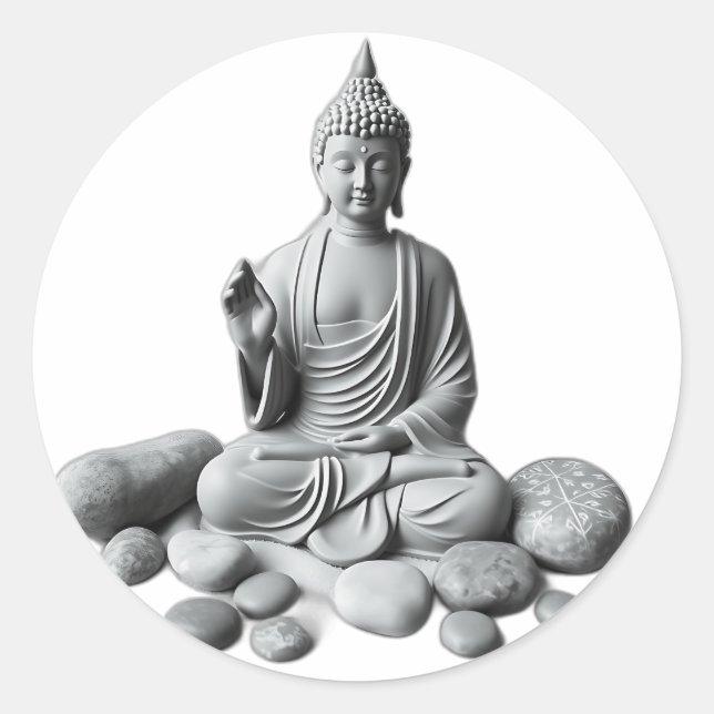 Serene Buddha mit Steinen und Pflanze Runder Aufkleber (Vorderseite)
