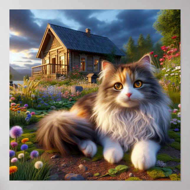 Serene Calico Katze in einer ruhigen Landschaft Poster (Vorne)