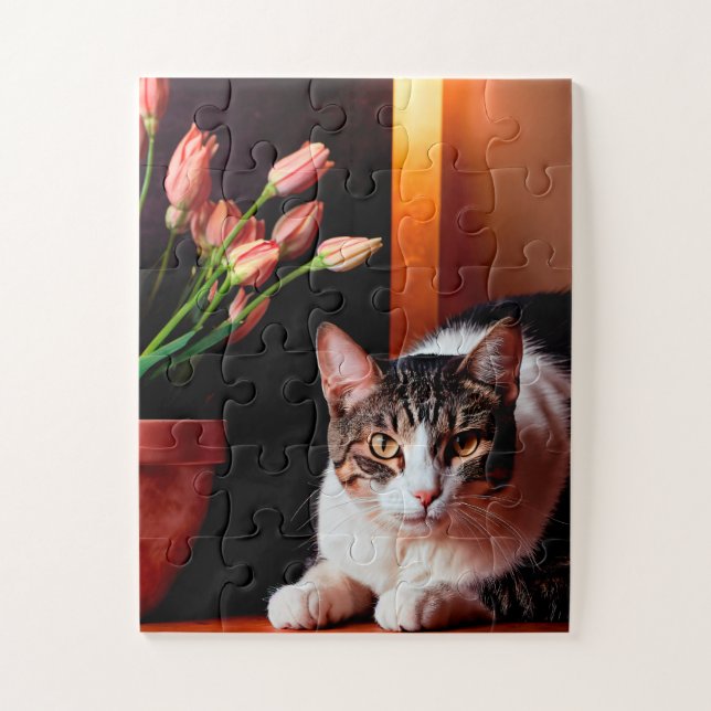 Serene Cat and Tulips Puzzle (Vertikal)
