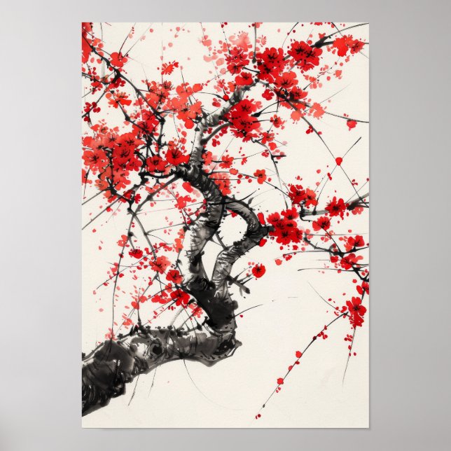 Serene Cherry Blossom Tree Chinese Tinte Po Poster (Vorne)