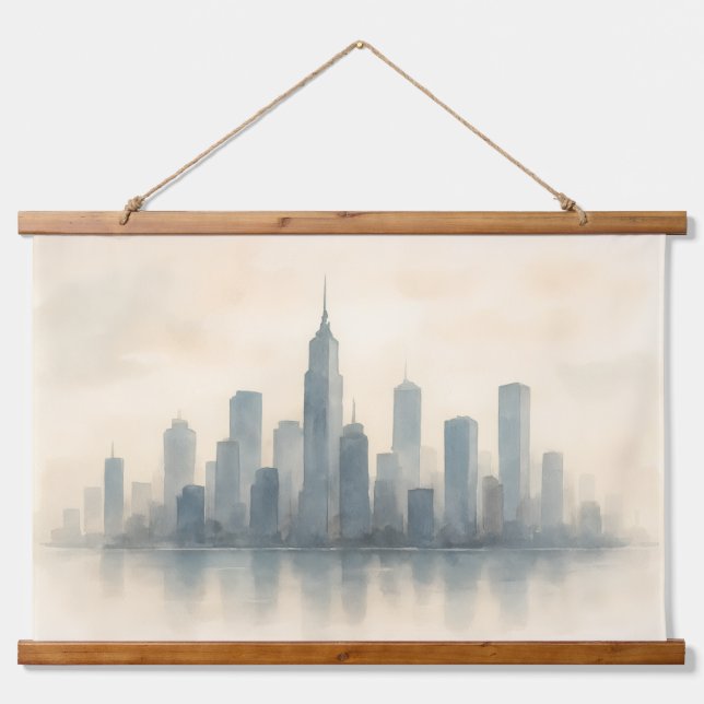 Serene Cityscape Reflection Print, moderne Skyline Wandteppich Mit Holzrahmen (Vorne)