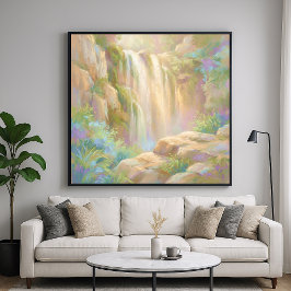 Serene Cliff Wasserfall - Pastell-Malstil Kunst Poster