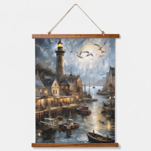 Serene Coastal Village at Dusk Nautical Harbor Art Wandteppich Mit Holzrahmen
