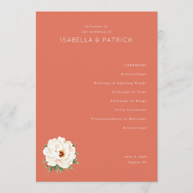 Serene Coral Floral Wedding Ceremony Schedule Programm (Vorderseite)