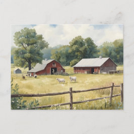 Serene Country Farm Scene with Red Barn and Cattle Postkarte