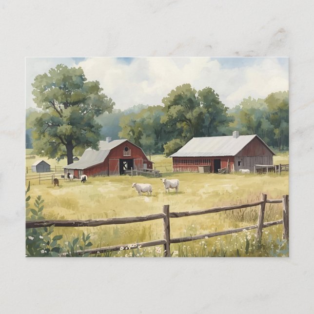 Serene Country Farm Scene with Red Barn and Cattle Postkarte (Vorderseite)