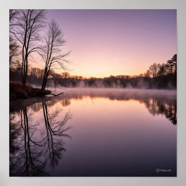 Serene Dawn Lake Scene mit Misty Sunrise Poster (Vorne)