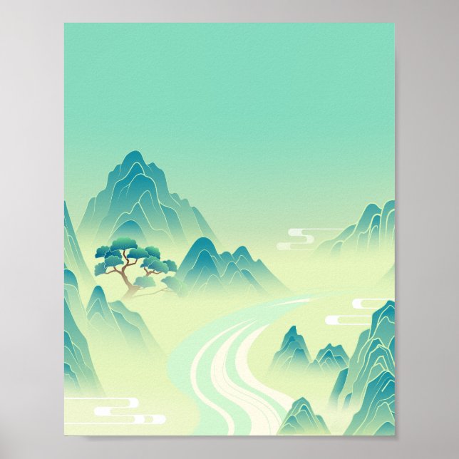 Serene Eastern Landschaft - Minimalistische Bergku Poster (Vorne)