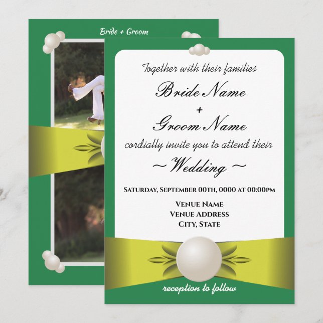 Serene Emerald & Yellow Pearl Ribbon Foto Wedding Einladung (Vorne/Hinten)