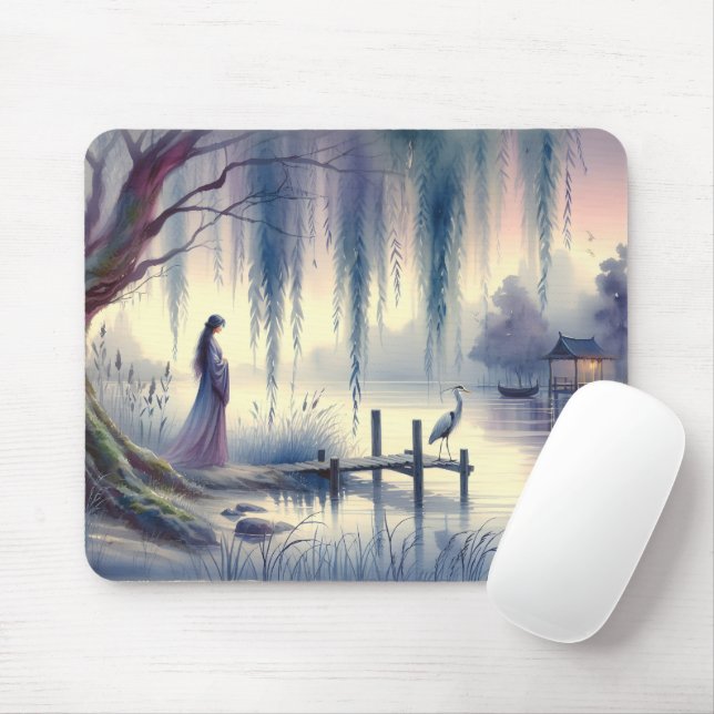 Serene Fantasy Lake mit Willow und Heron Mousepad (Mit Mouse)