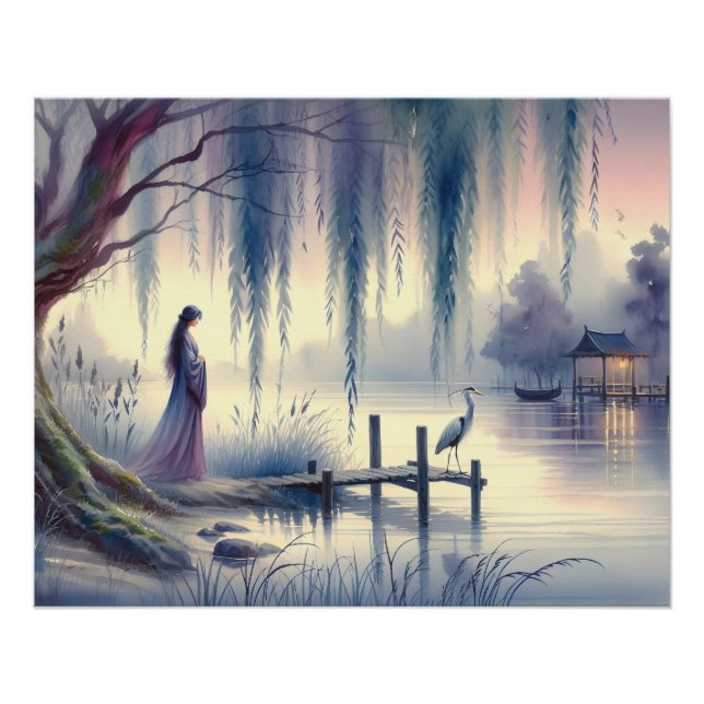 Serene Fantasy Lake mit Willow und Heron Poster (Vorderseite)