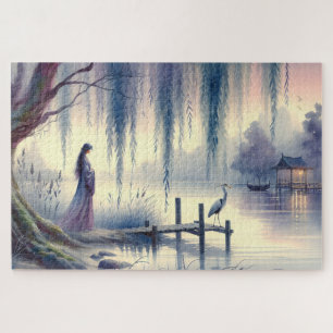Serene Fantasy Lake mit Willow und Heron Puzzle