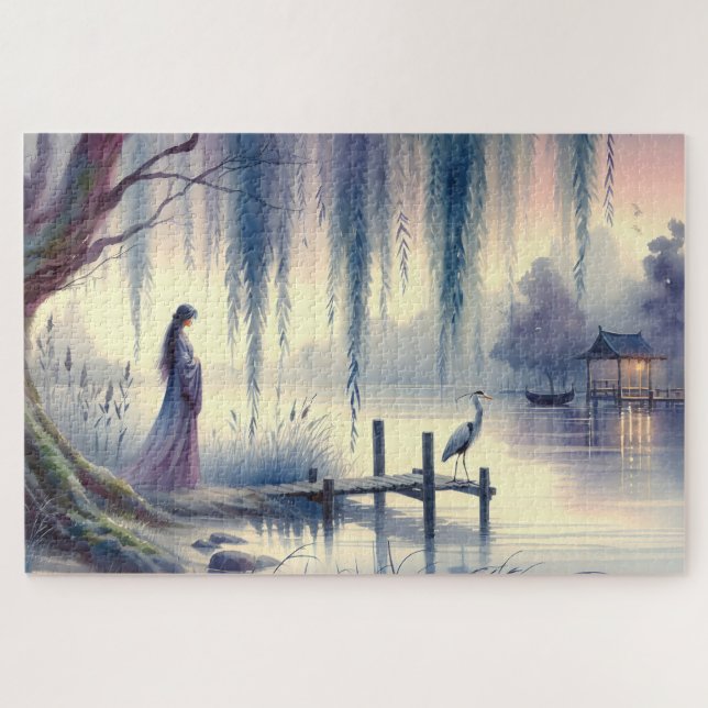Serene Fantasy Lake mit Willow und Heron Puzzle (Horizontal)