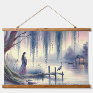 Serene Fantasy Lake mit Willow und Heron Wandteppich Mit Holzrahmen